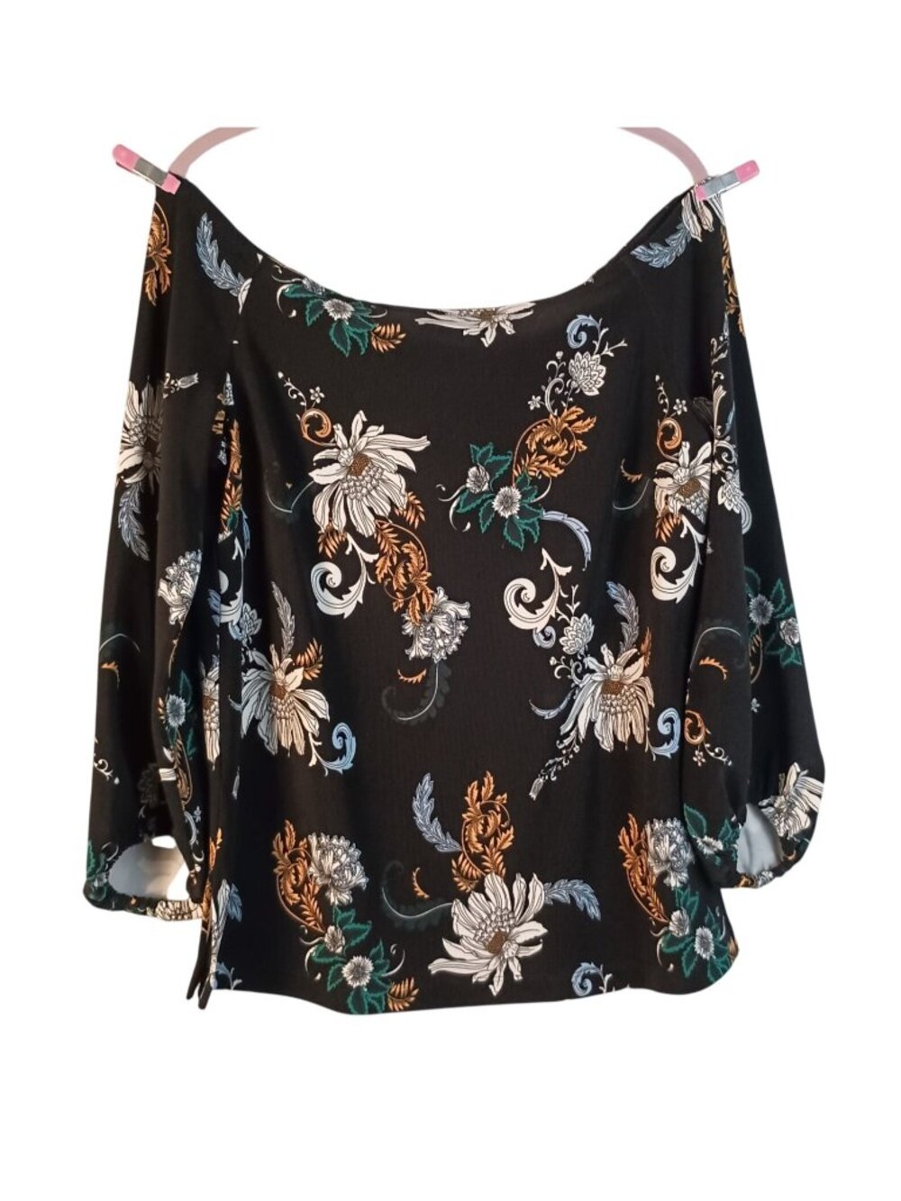 Boston Proper Black Floral Off Shoulder Blouse 3/4 Puff Sleeve Womens Size M